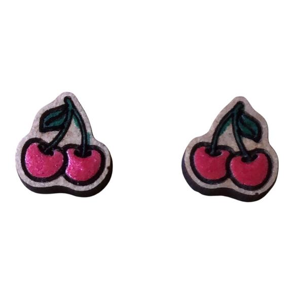 Hand Painted Red Cherry’s Stud Earrings Hypoallergenic Lightweight Posts - Picture 6 of 6